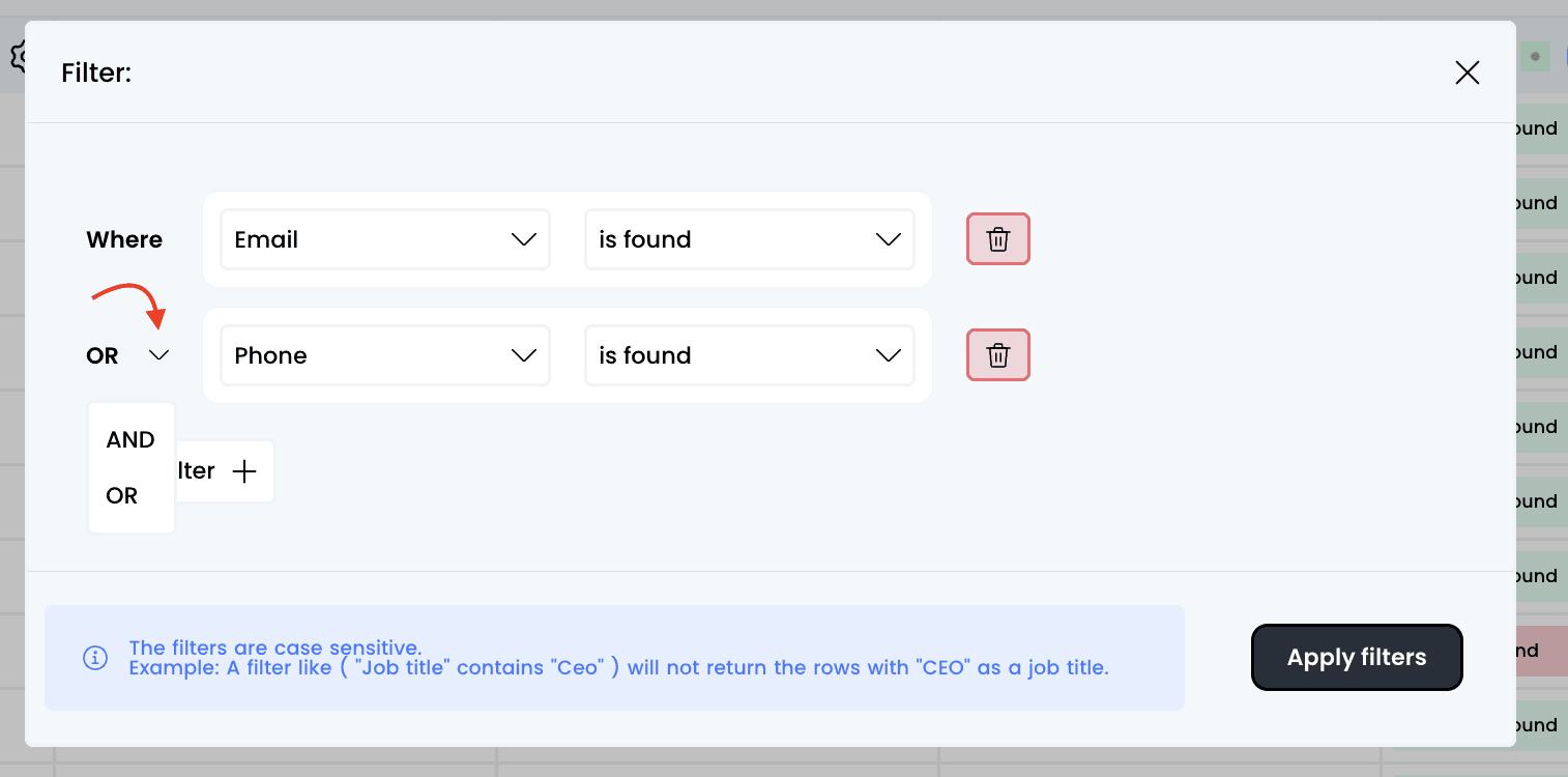 Filter tables — 1. Click on "Filter"