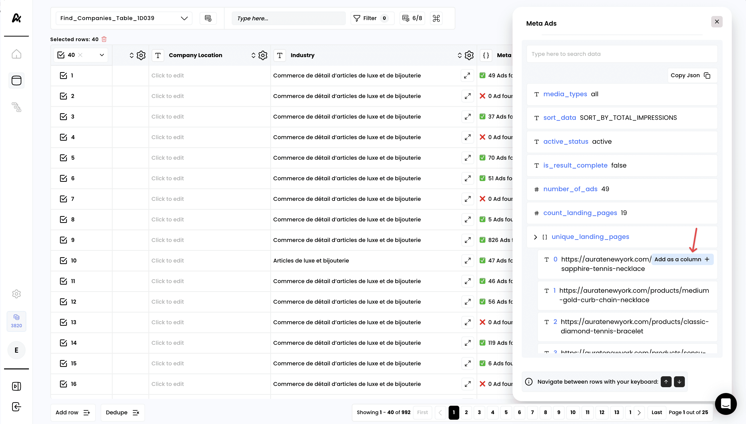 Fetch a company's Meta ads — 6. Add columns for any data points retrieved
