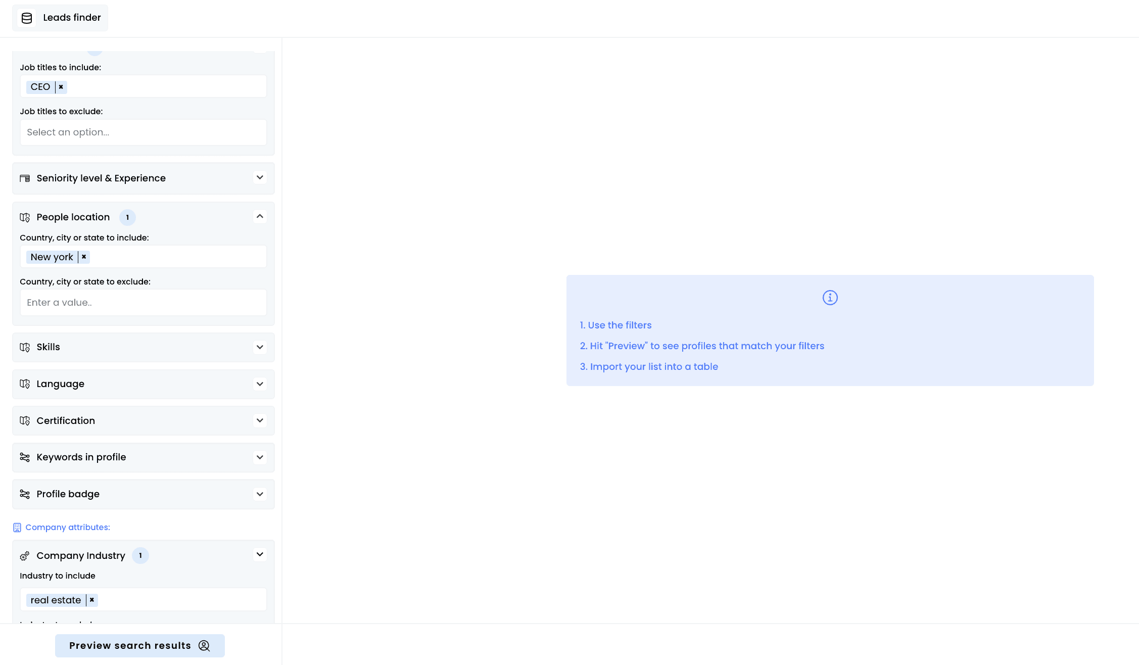 Leads finder — Company Filters