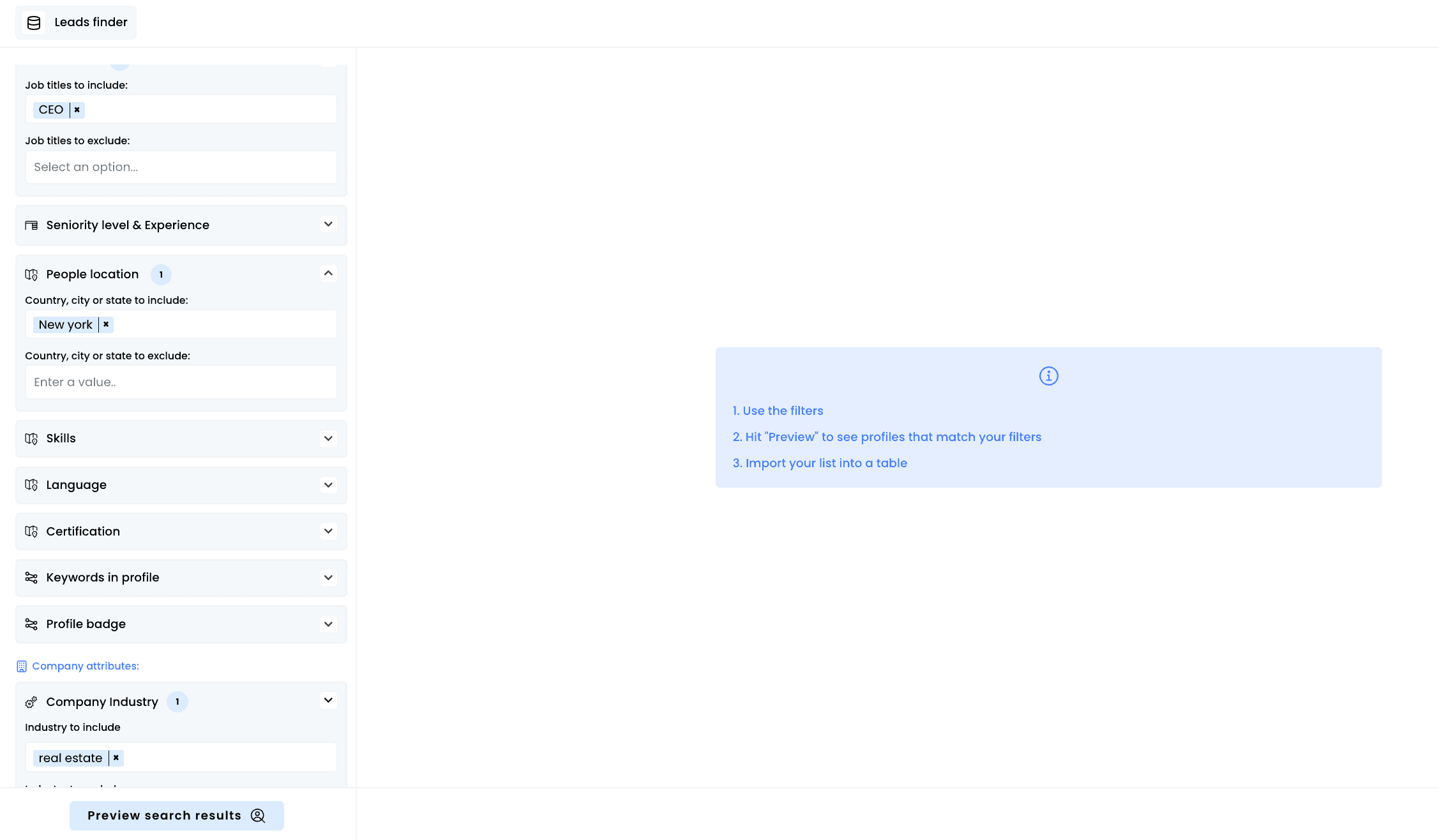 Leads finder — Company Filters