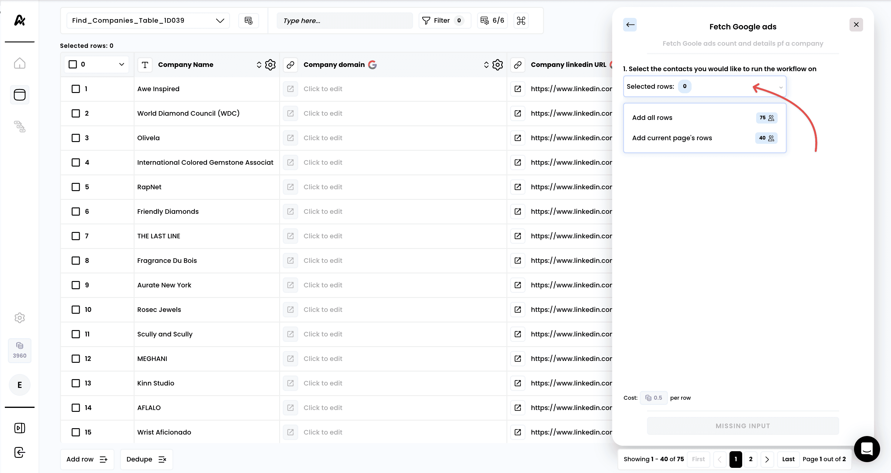 Fetch a company's Google ads — 2. Select the rows to enrich