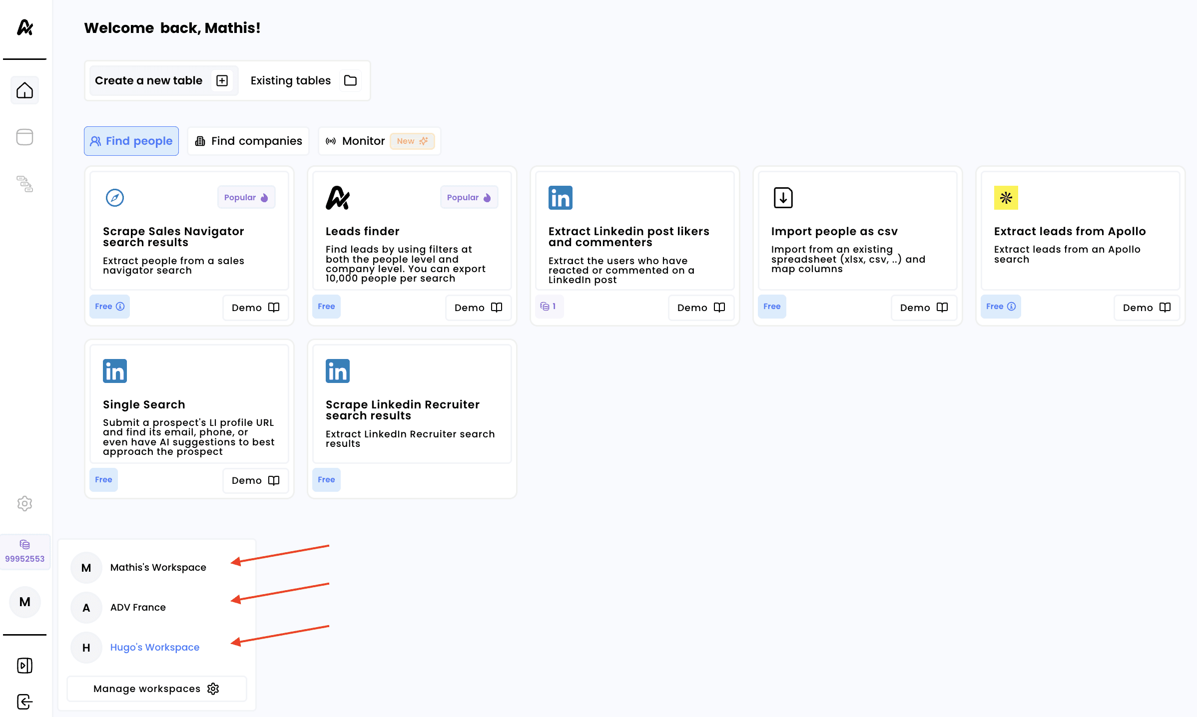 Add users & switch workspaces — 4. Switch workspaces to access credits