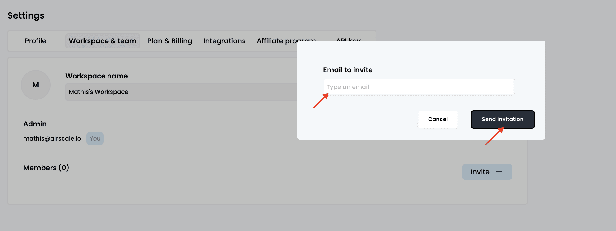 Add users & switch workspaces — 3. Click on "Invite" & "Send invitation"