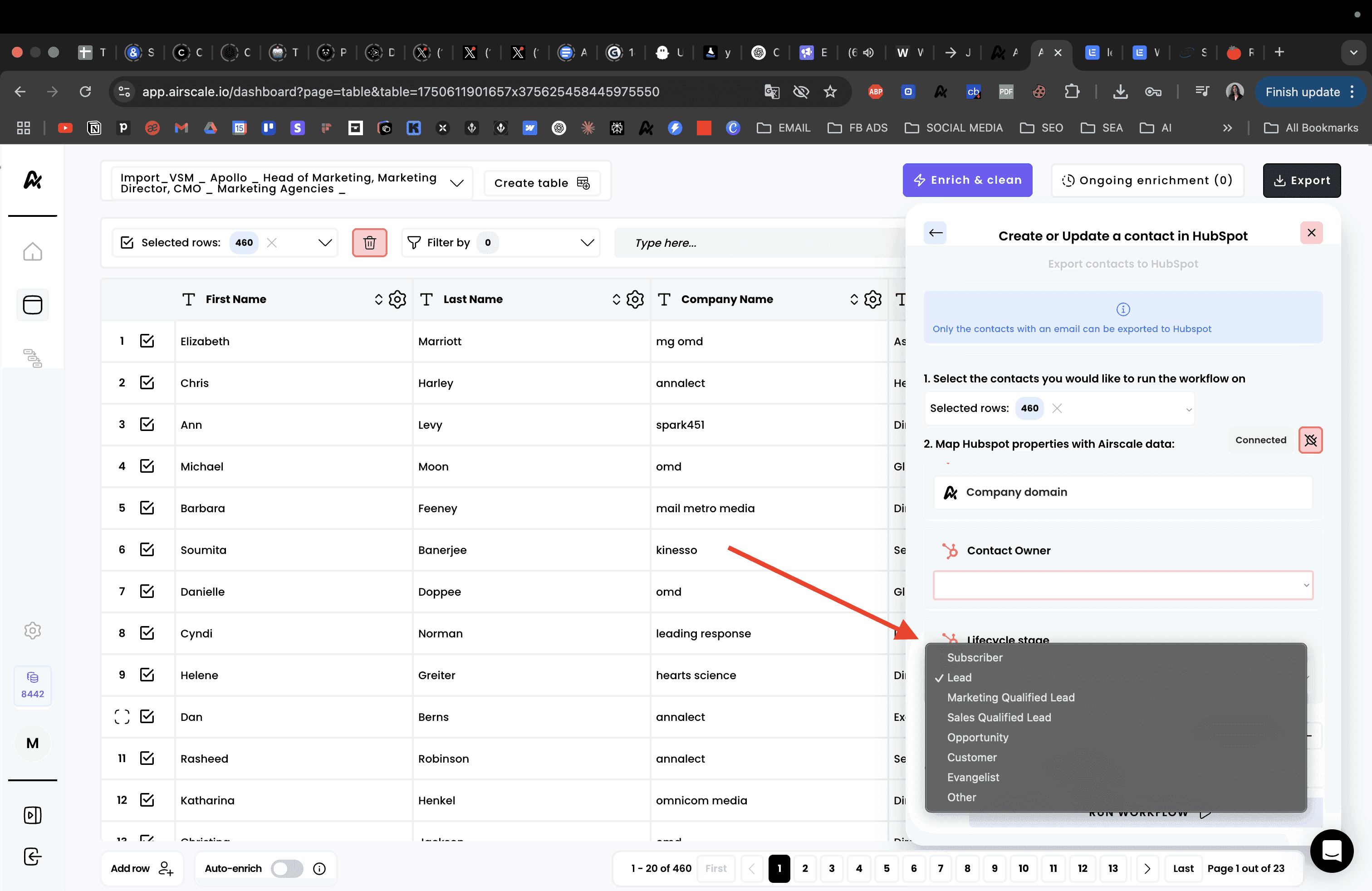 Export your leads to HubSpot — 5. Select a contact owner and lead lifecycle stage
