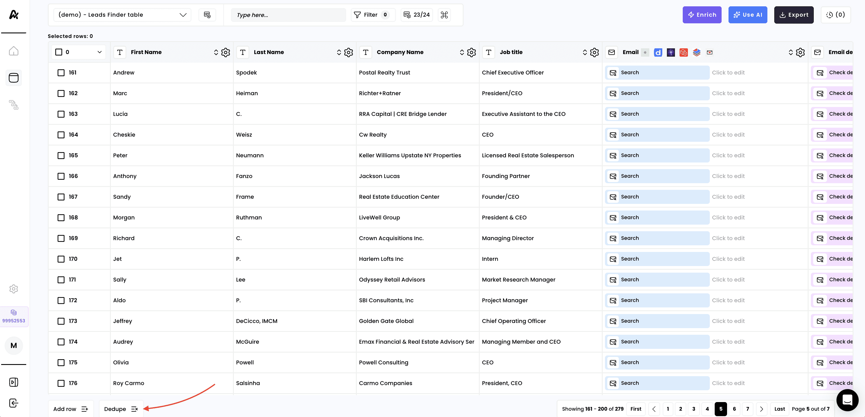 Deduplicate leads between tables — 1. Click on "Dedupe" at the bottom left of your table