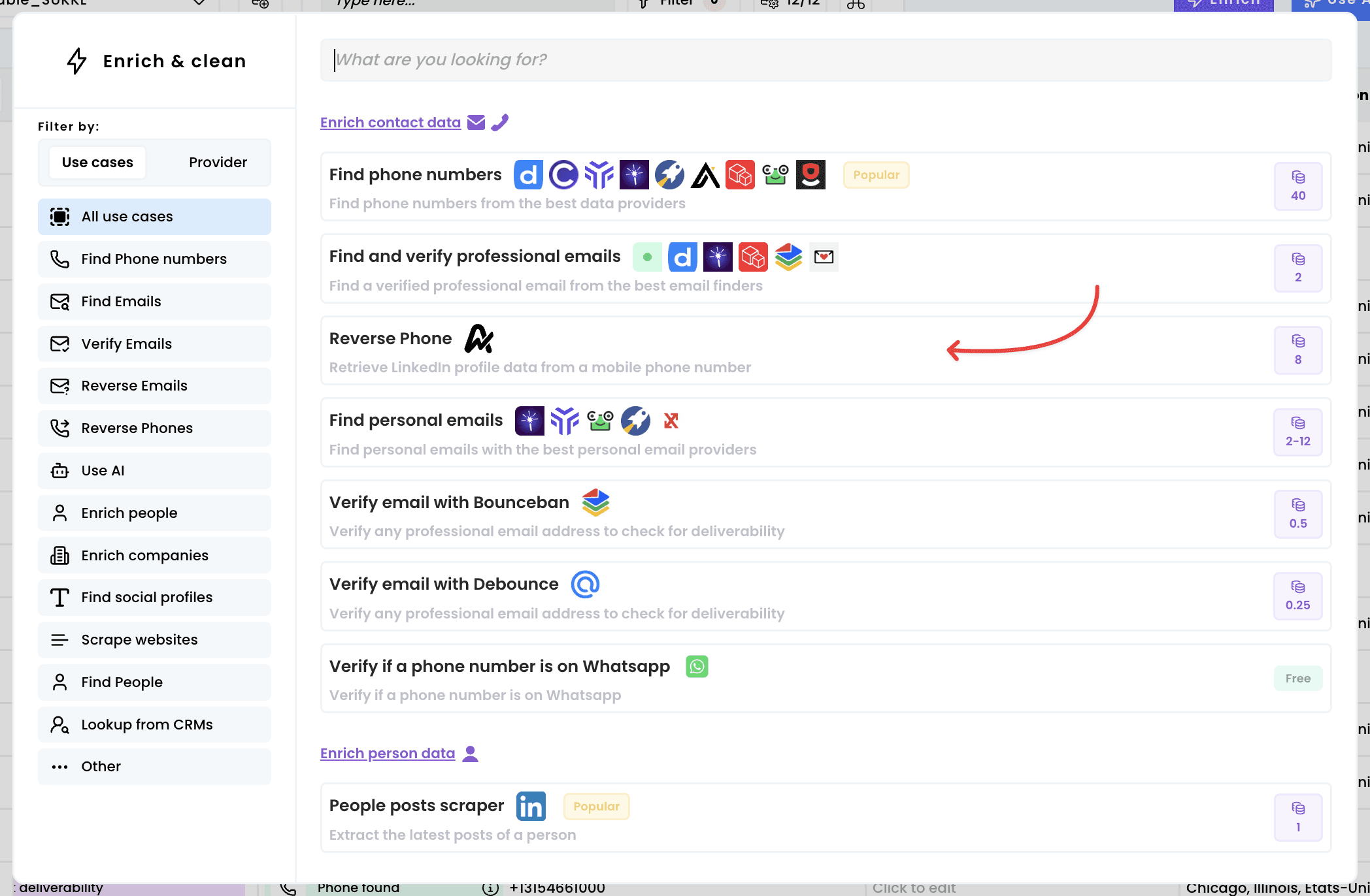 Find LinkedIn profile data from a phone number — 1. Select the enrichment