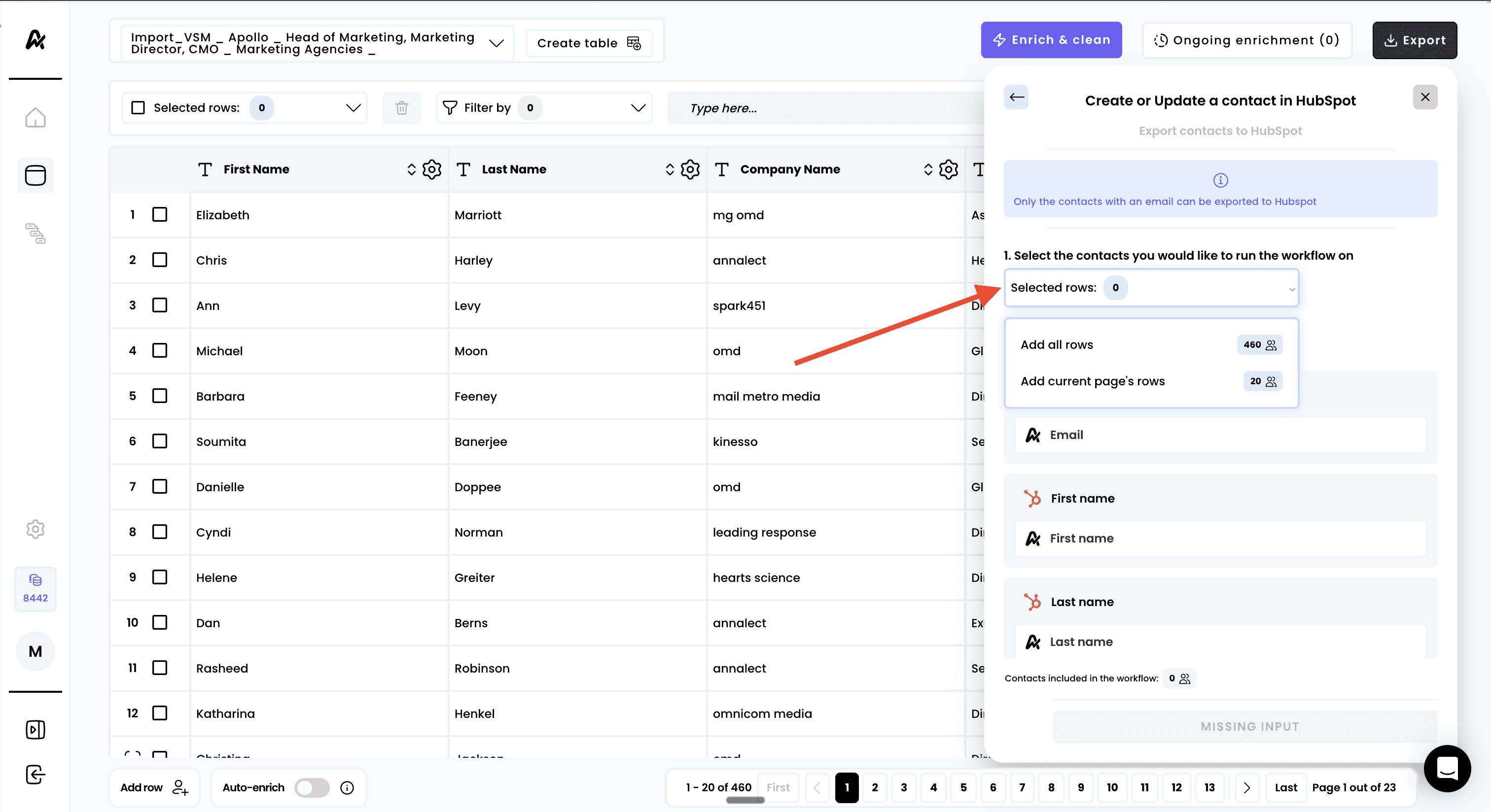 Export your leads to HubSpot — 3. Select the rows to export