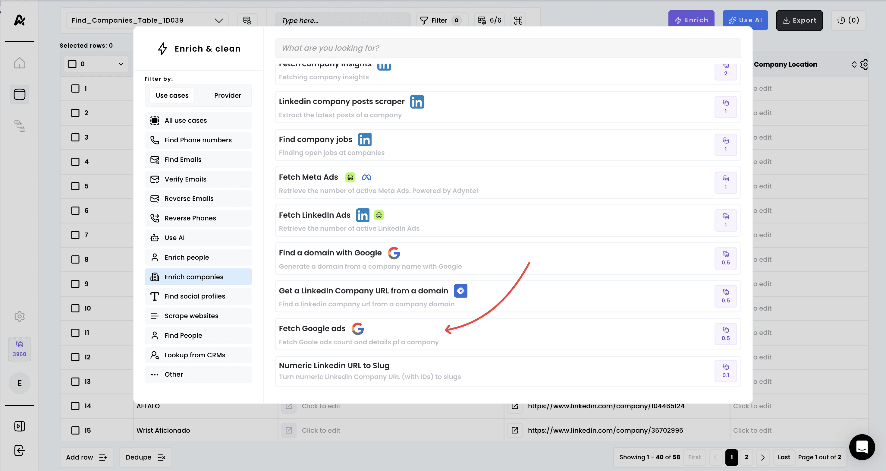 Fetch a company's Google ads — 1. Select the enrichment