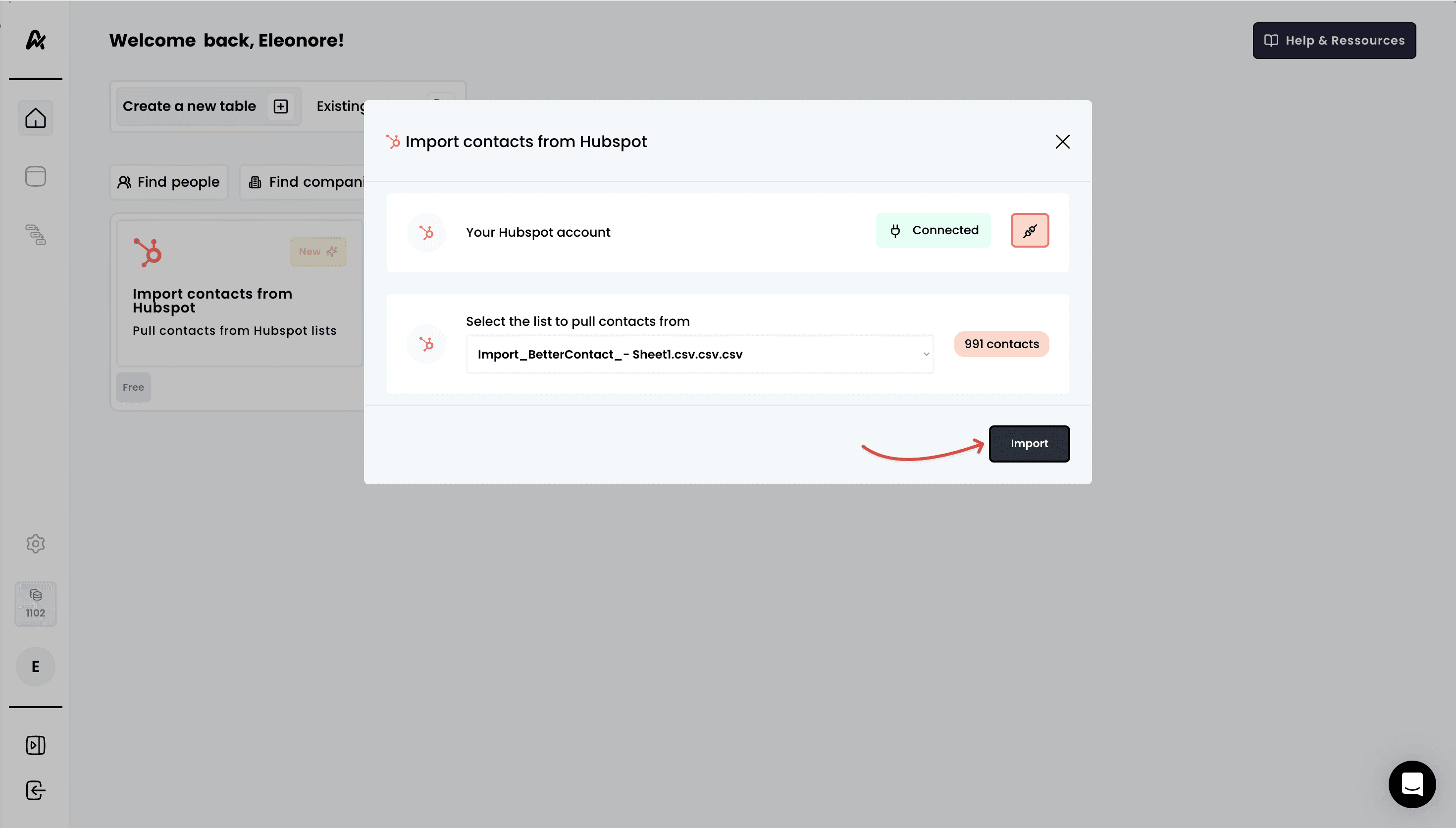 Import contacts from Hubspot — 4. Click on "Import" to create a table