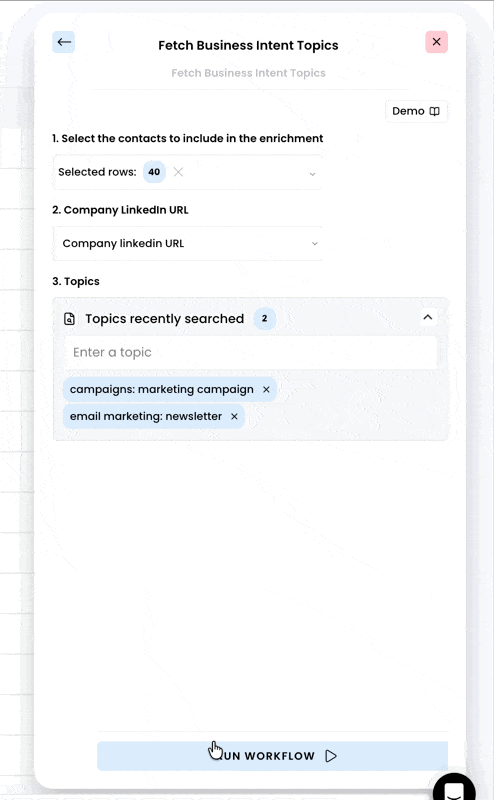 Fetch business intent topics — 4. Run the workflow