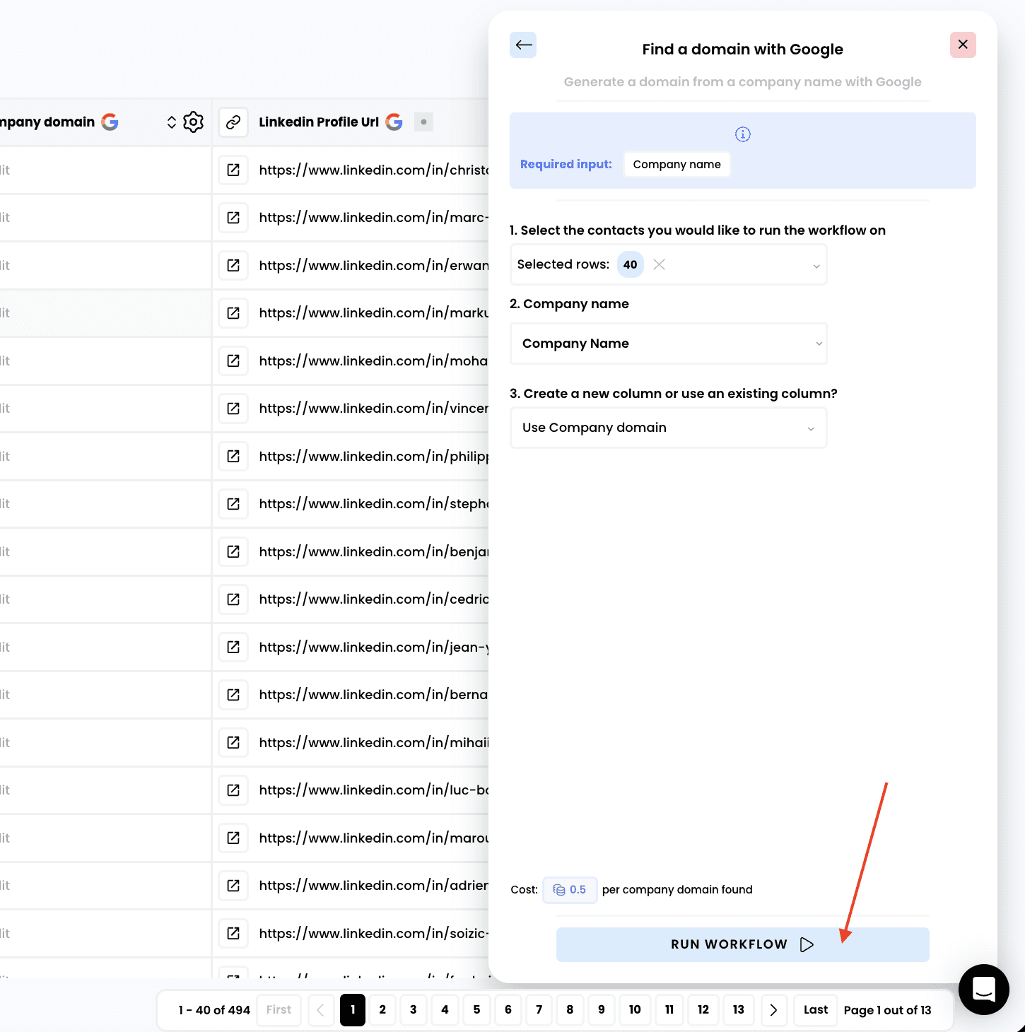 Find a company domain — 3. Run the workflow