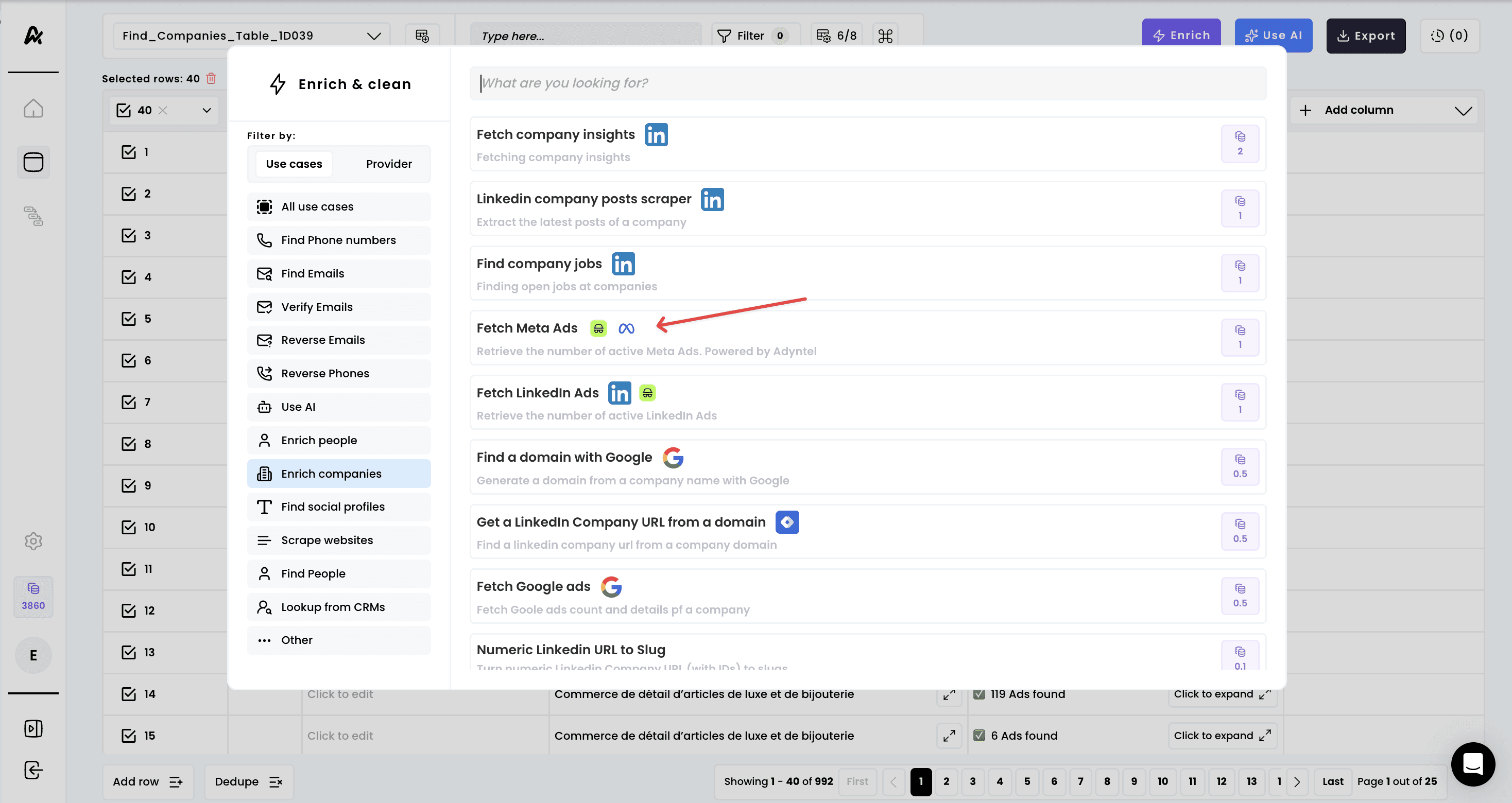 Fetch a company's Meta ads — 1. Select the enrichment