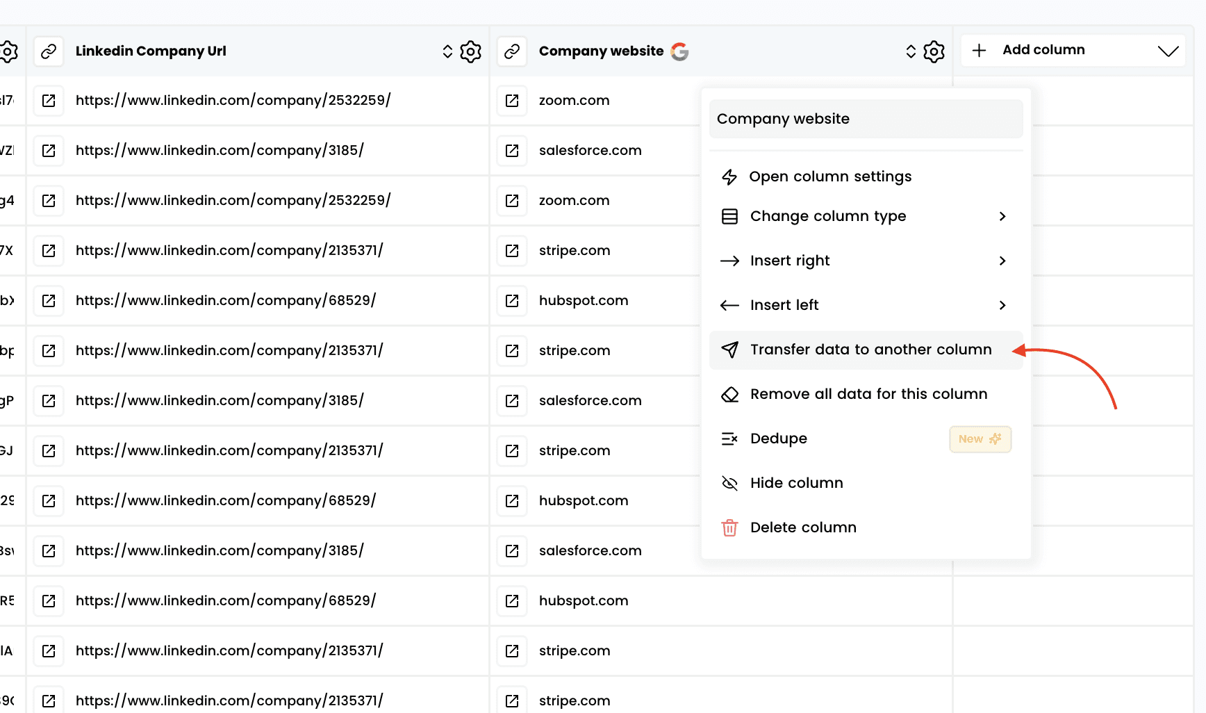 Transfer column content — 2. Click on "Transfer data to another column"