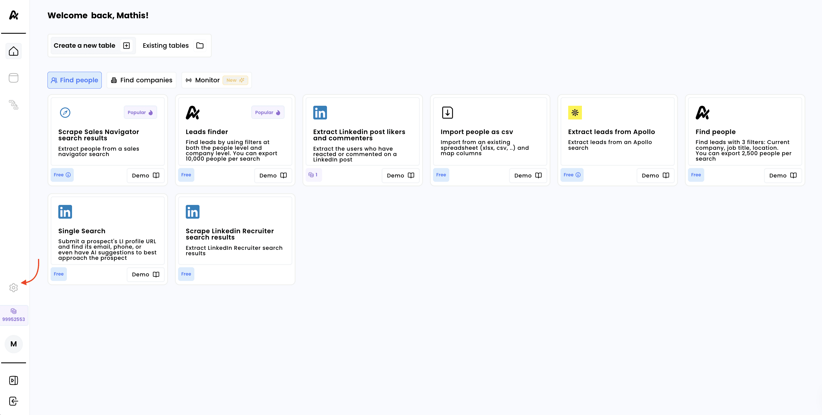 Add users & switch workspaces — 1. Click on settings