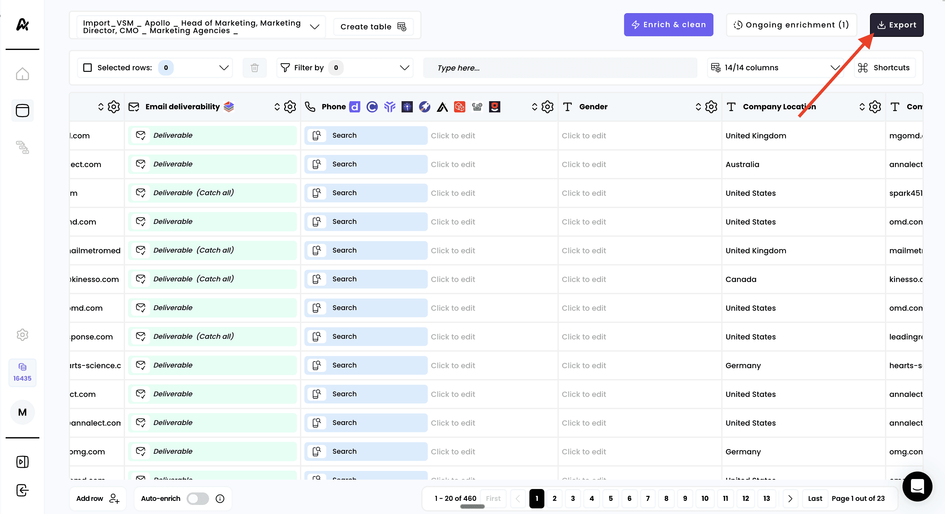 Export your leads to HubSpot — 1. Click on "Export"