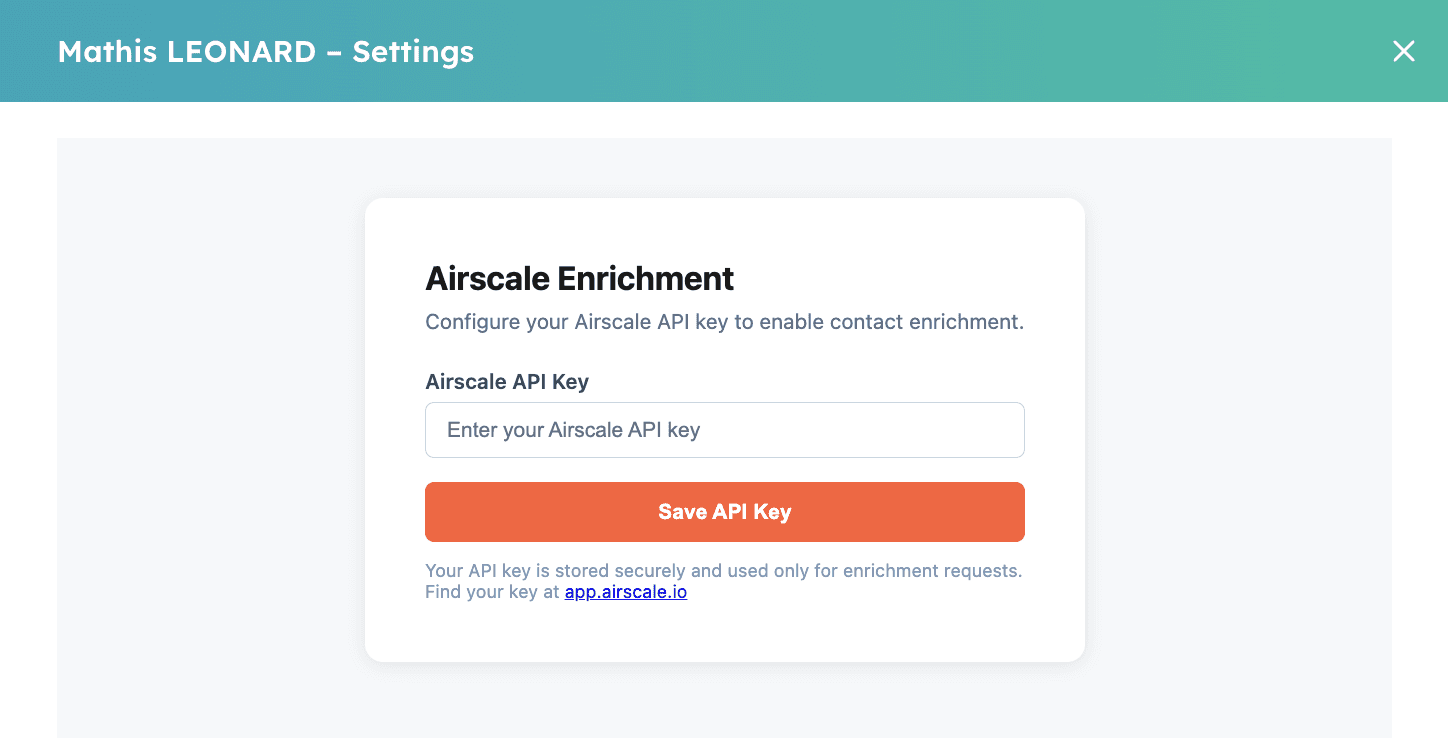 Airscale for HubSpot app — 2. Add your Airscale API key