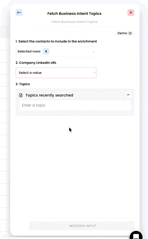 Fetch business intent topics — 2. Select rows & the correct input
