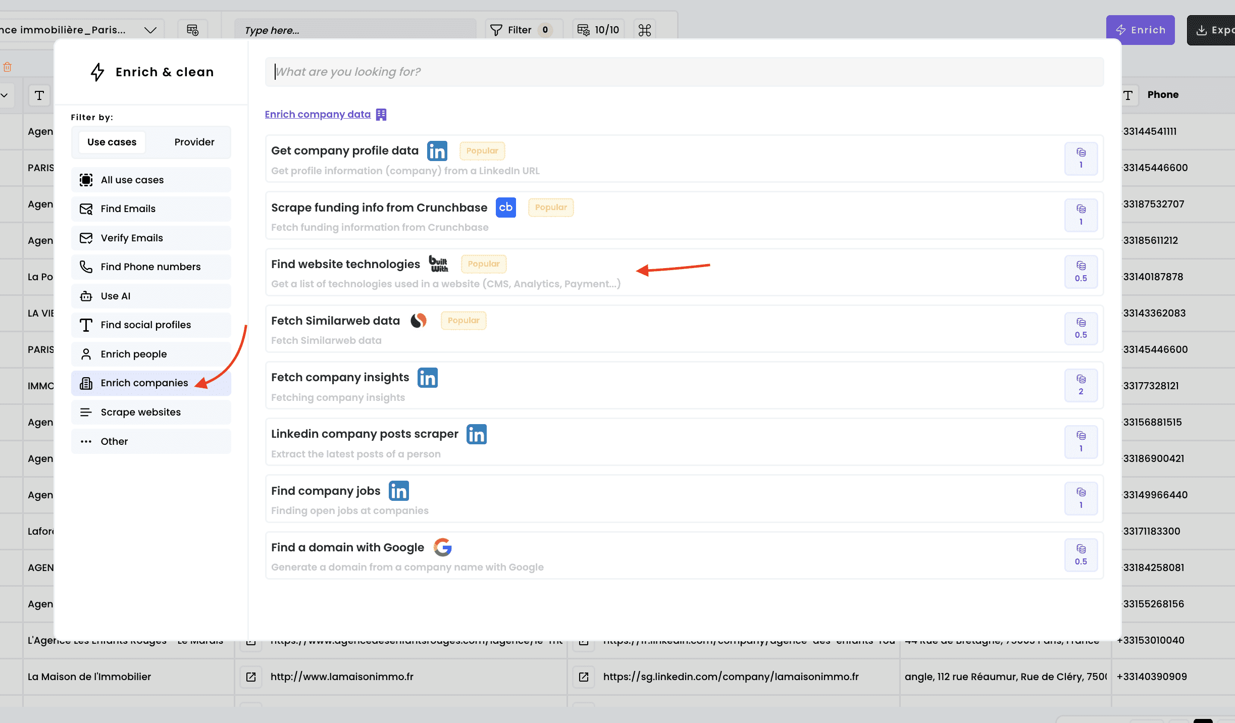 Find company technologies — 1. Select the enrichment