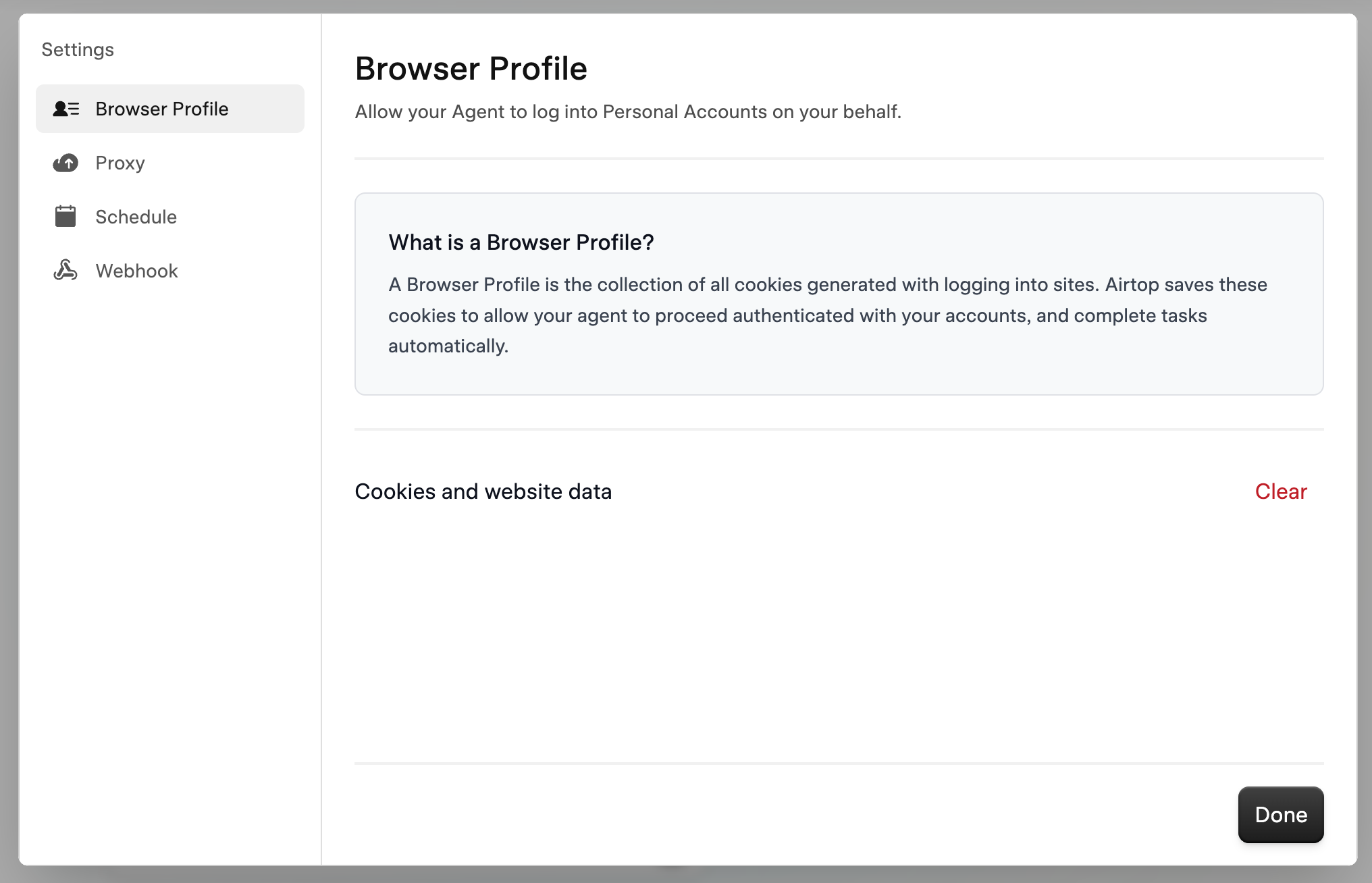 Airtop web profile clear
