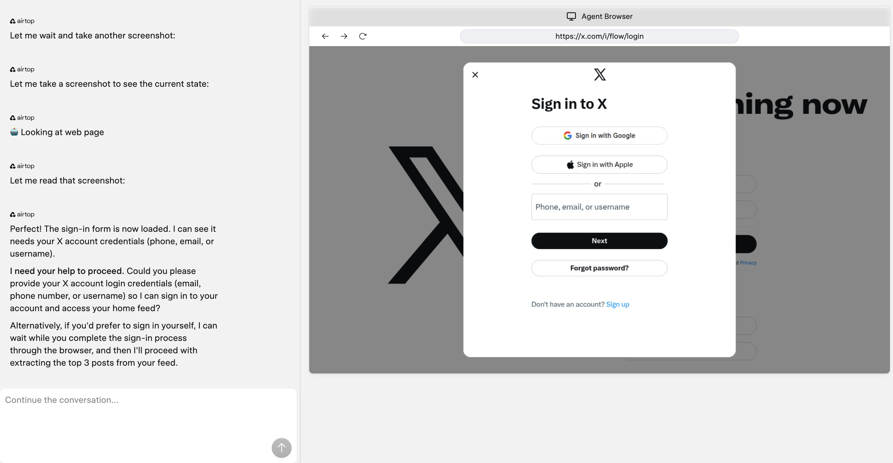 Airtop web profile authentication prompt