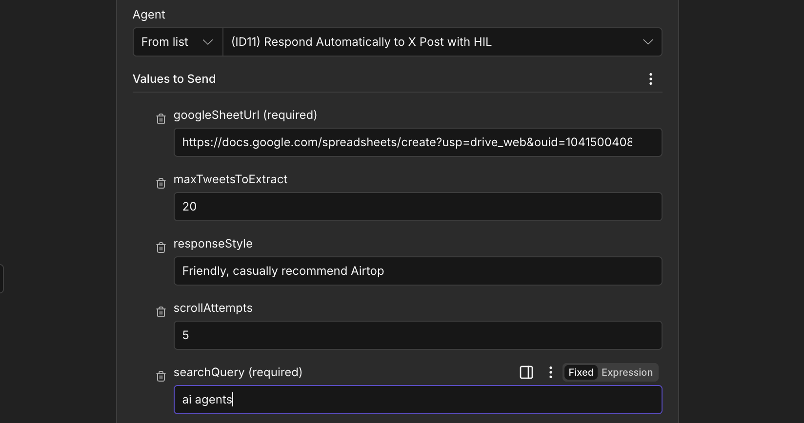 Set agent parameters