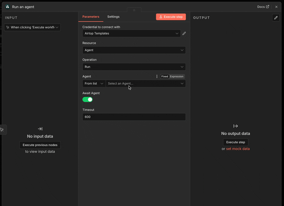 Select agent from the n8 node