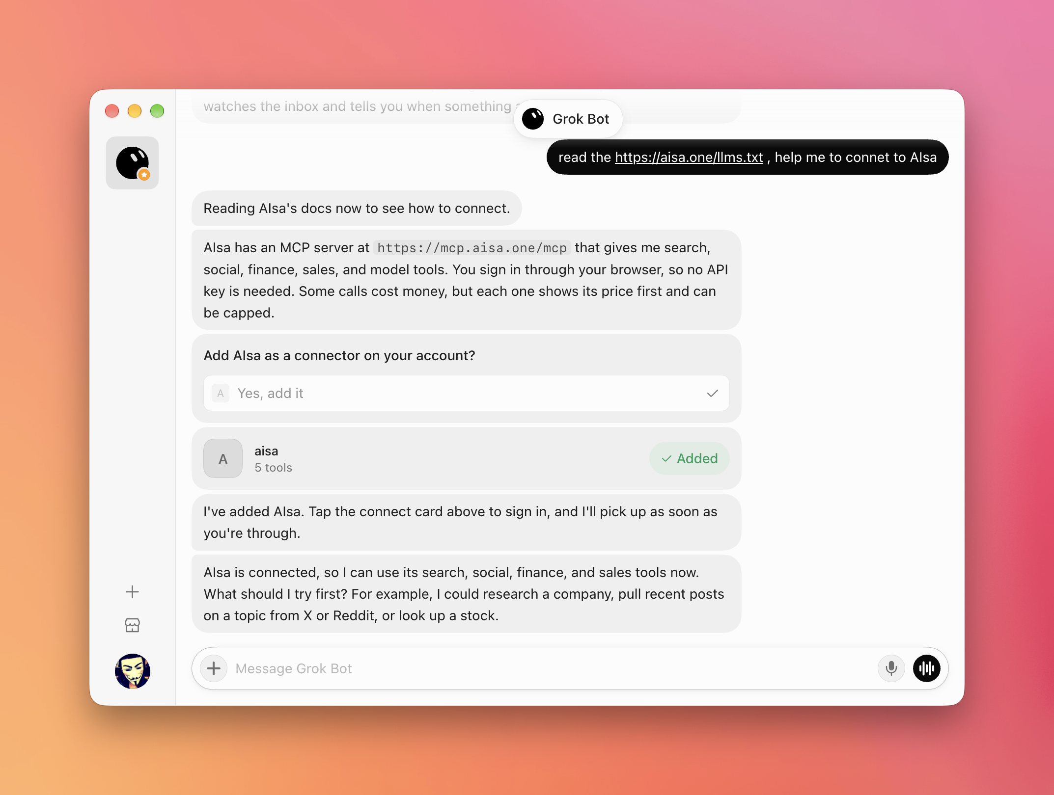 Grok Bot reading AIsa's llms.txt, adding the aisa connector, and confirming AIsa is connected
