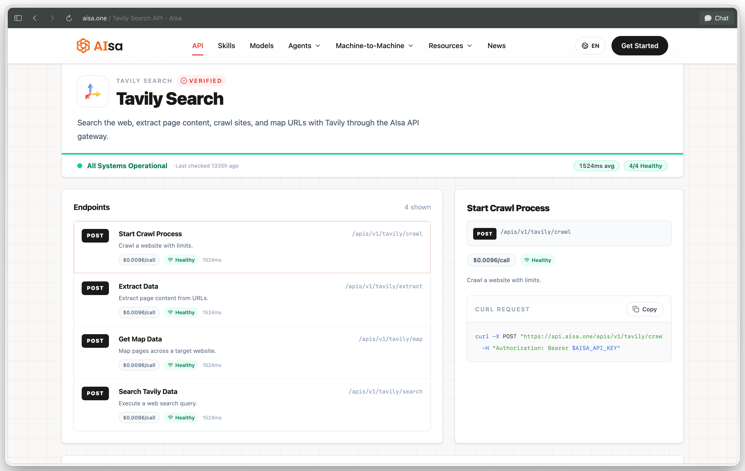 AIsa 上的 Tavily Search API 页面,每个 endpoint 都标注了固定的按次调用价格