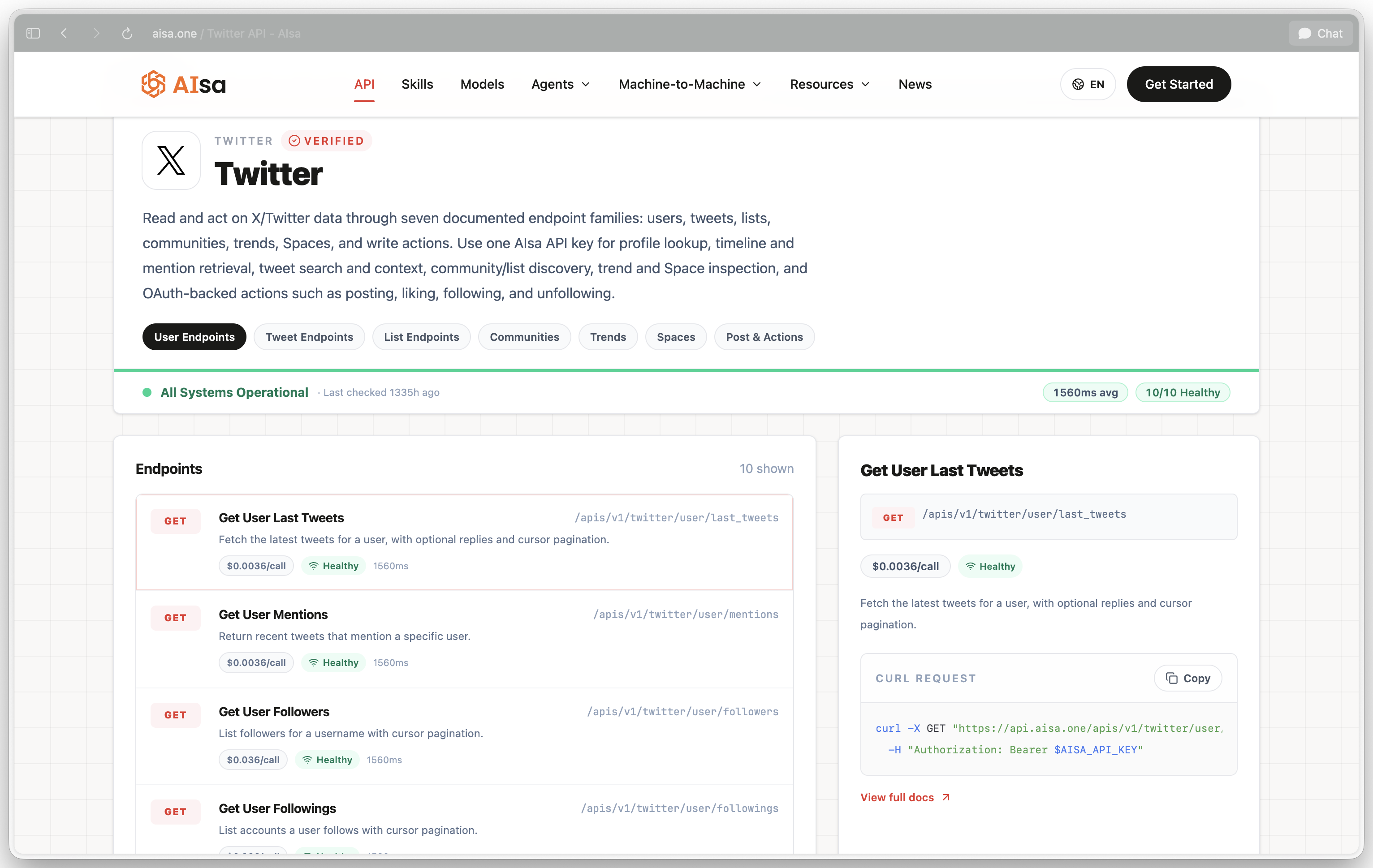 AIsa 上的 Twitter API 页面，每个 endpoint 都标注了固定的按次调用价格