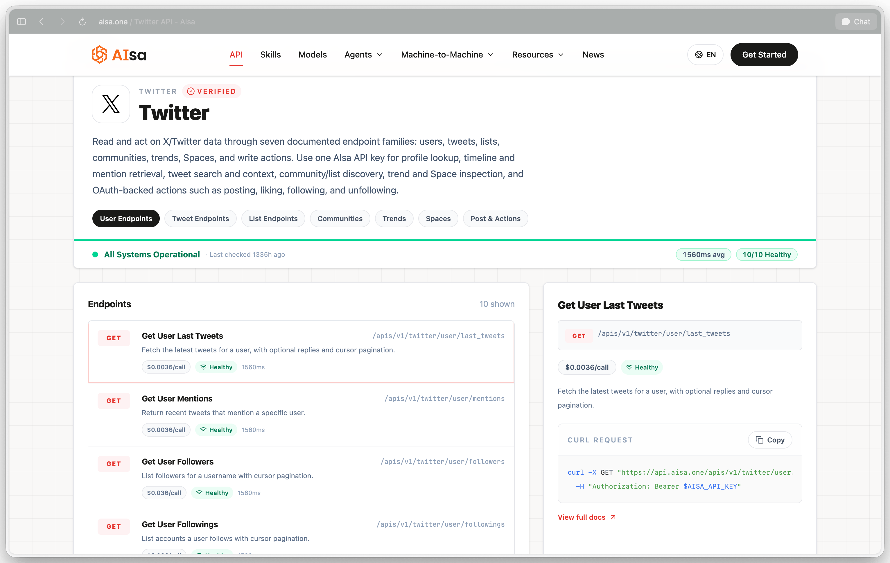AIsa 上的 Twitter API 页面,每个 endpoint 都标注了固定的按次调用价格