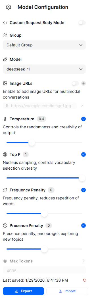 Playground configuration panel showing model selector, temperature slider, max tokens, and other generation parameters