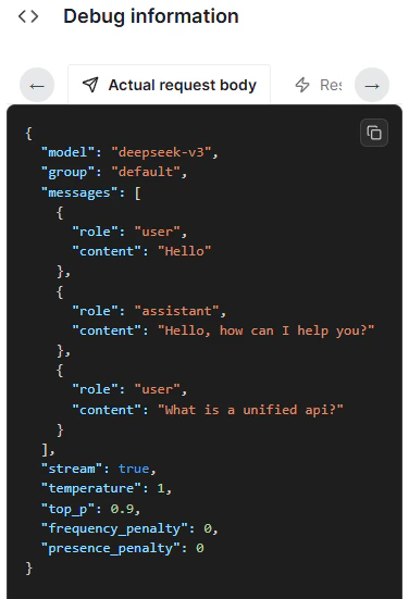 Debug mode output showing the raw API request headers, response payload, token usage, and latency metrics