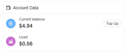 Account Data panel showing current balance, used amount, and top-up button