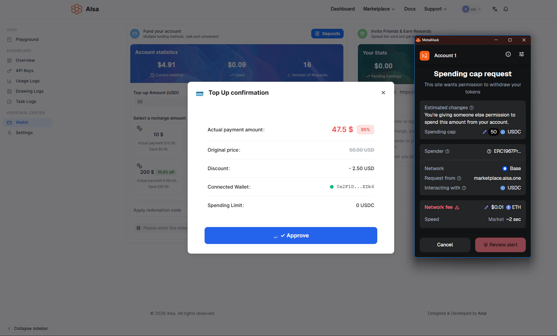 Blockchain spending authorization dialog showing the approval amount and estimated network gas fee