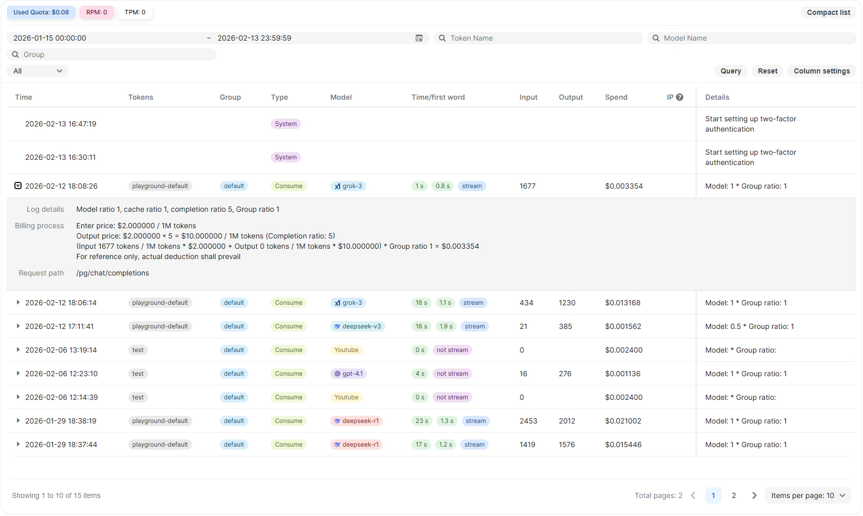 Expanded log entry showing detailed billing breakdown — model pricing ratios, cache hit rates, token counts, and per-request cost calculation