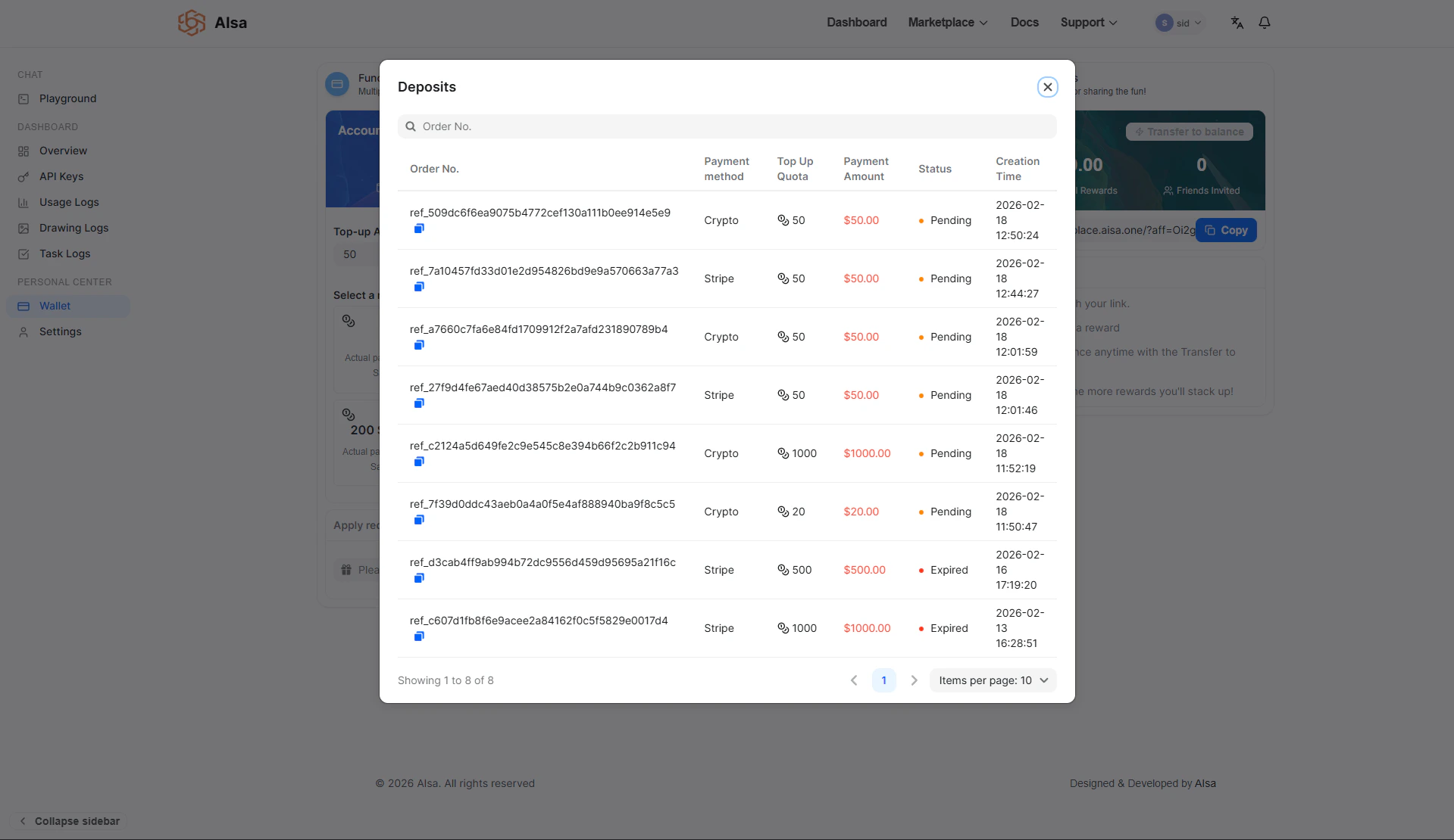Deposit history table showing past transactions with date, amount, payment method, and status columns