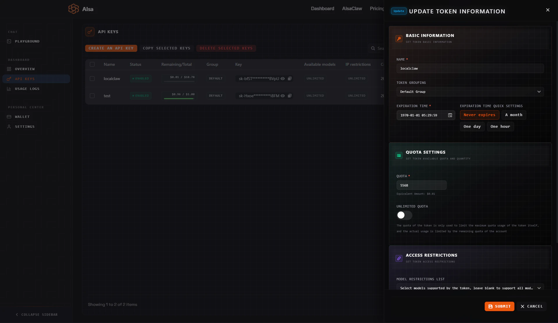 API key settings panel showing quota and spending cap configuration options