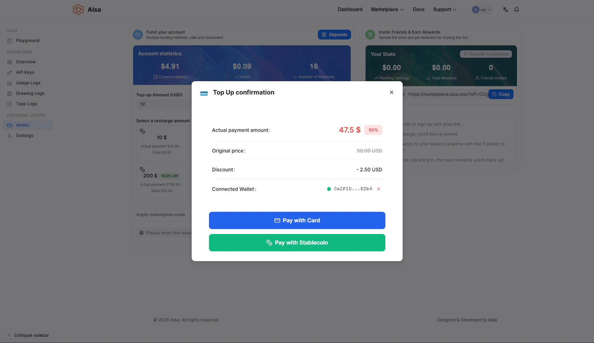 Payment confirmation dialog showing the selected amount, any volume discount applied, and final charge total