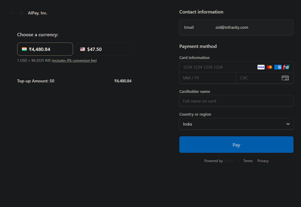 Stripe secure checkout page for completing credit card payment to fund AIsa account