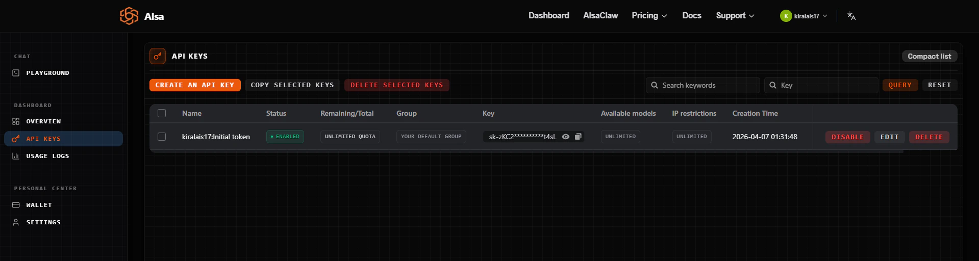 AIsa dashboard showing the API Keys page with a generated API key ready to copy