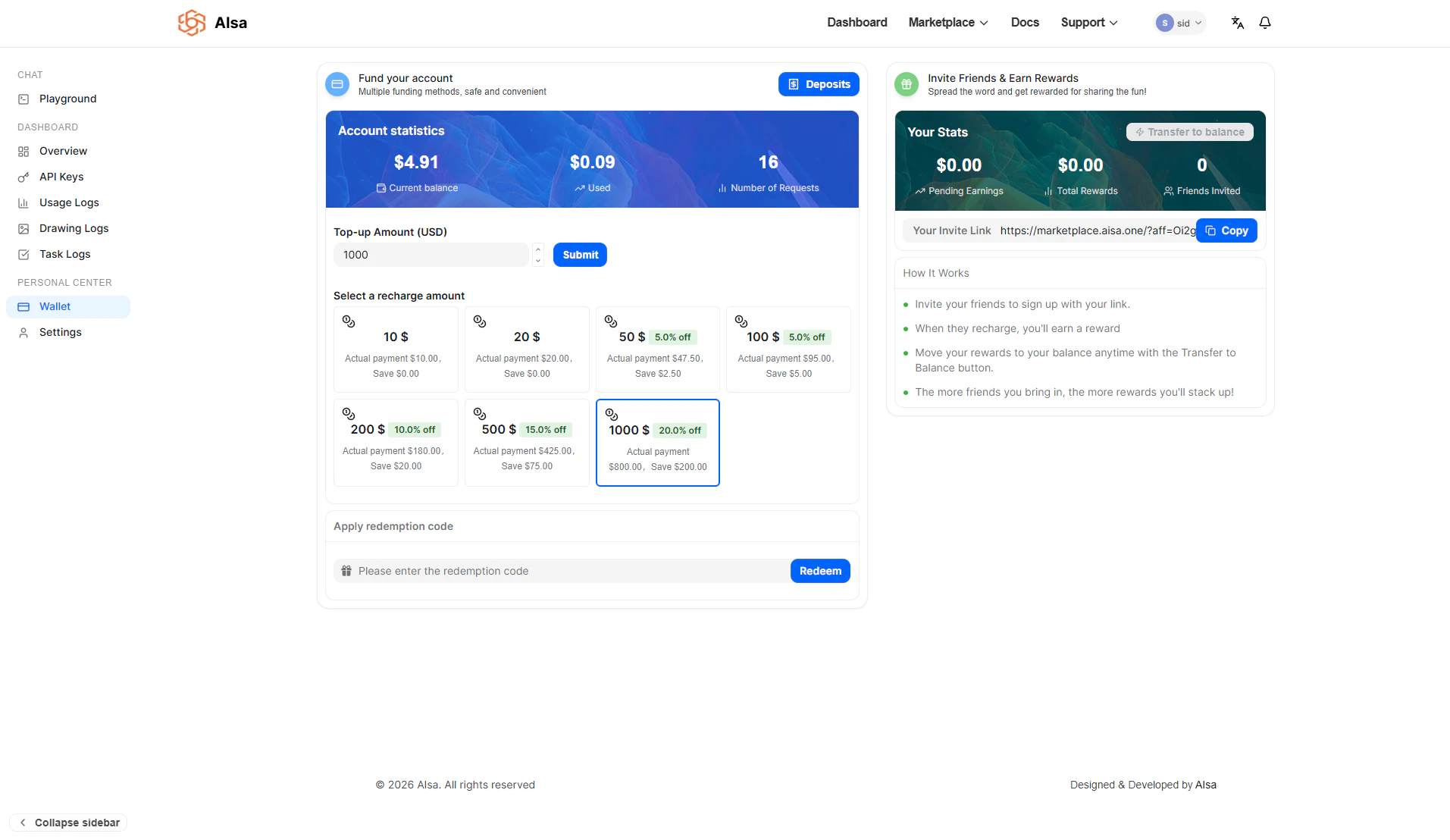 AIsa wallet dashboard showing account balance, total credits, and usage summary