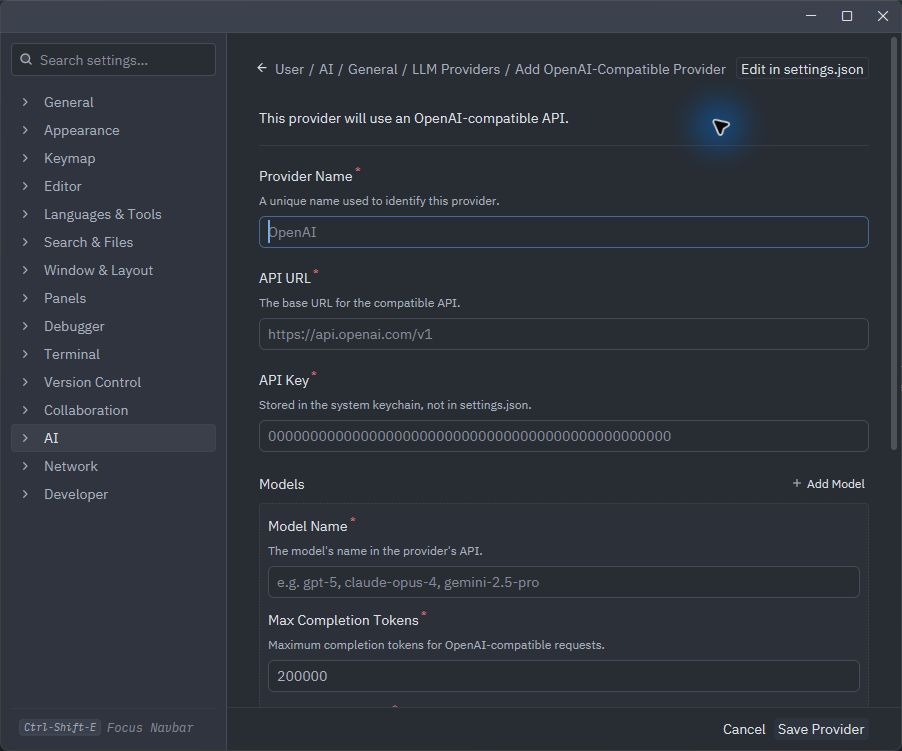 Zed form for adding an OpenAI-compatible provider
