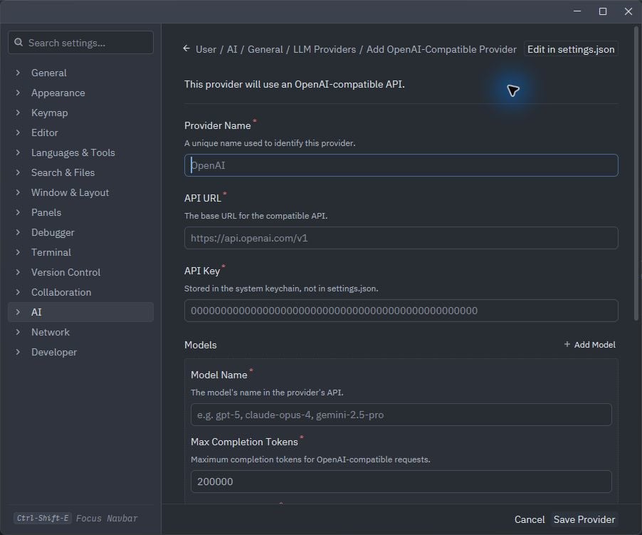 用于添加 OpenAI 兼容供应商的 Zed 表单