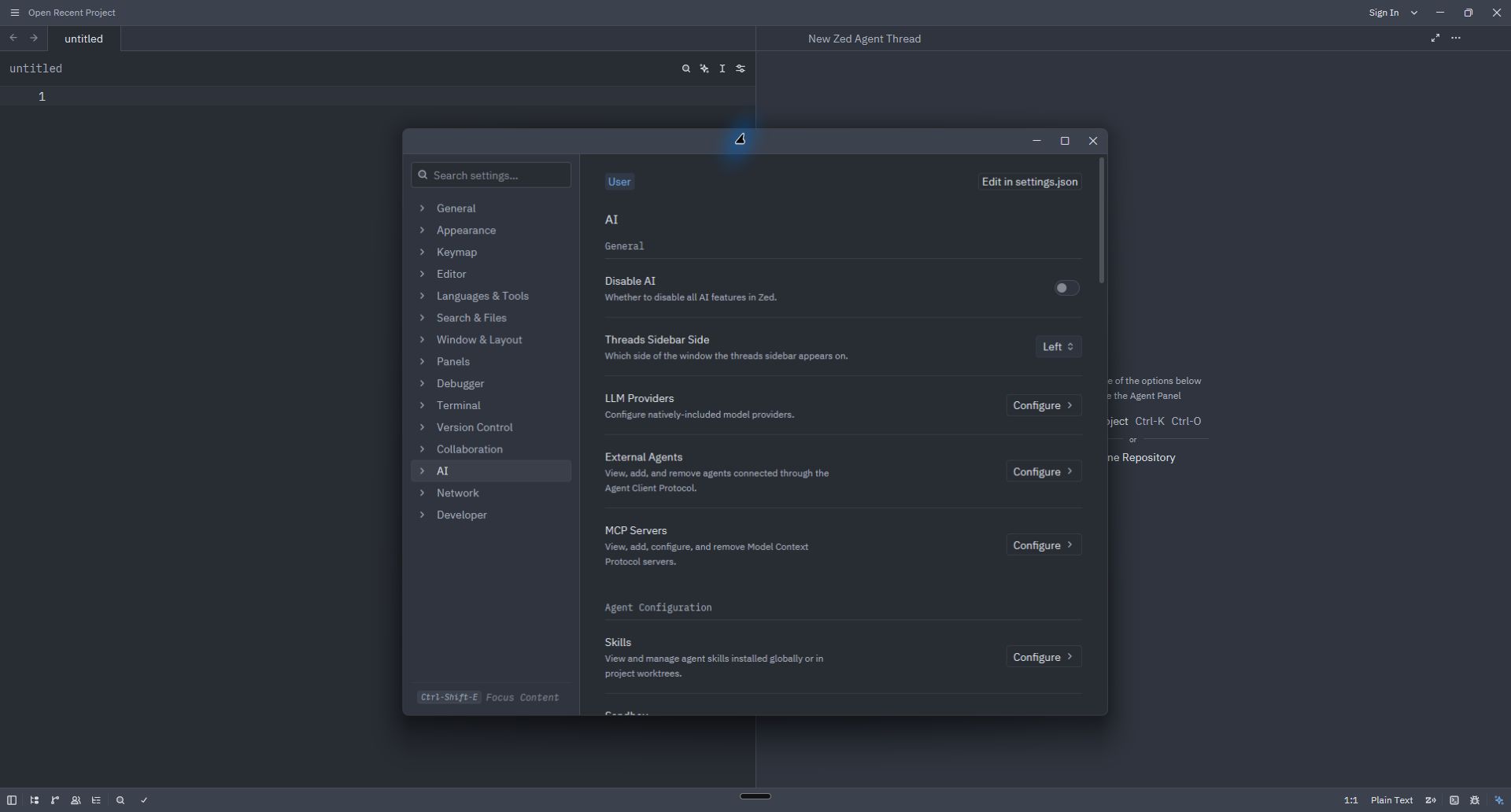Zed AI settings with LLM Providers highlighted