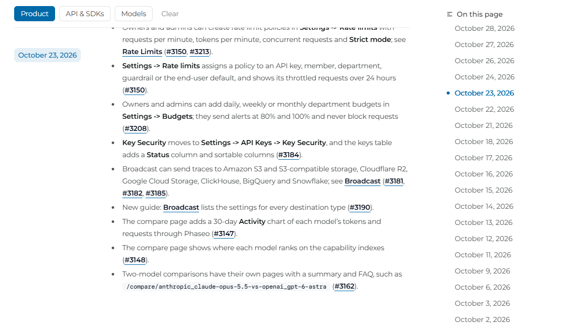 The changelog with the Product filter on and the date list beside it