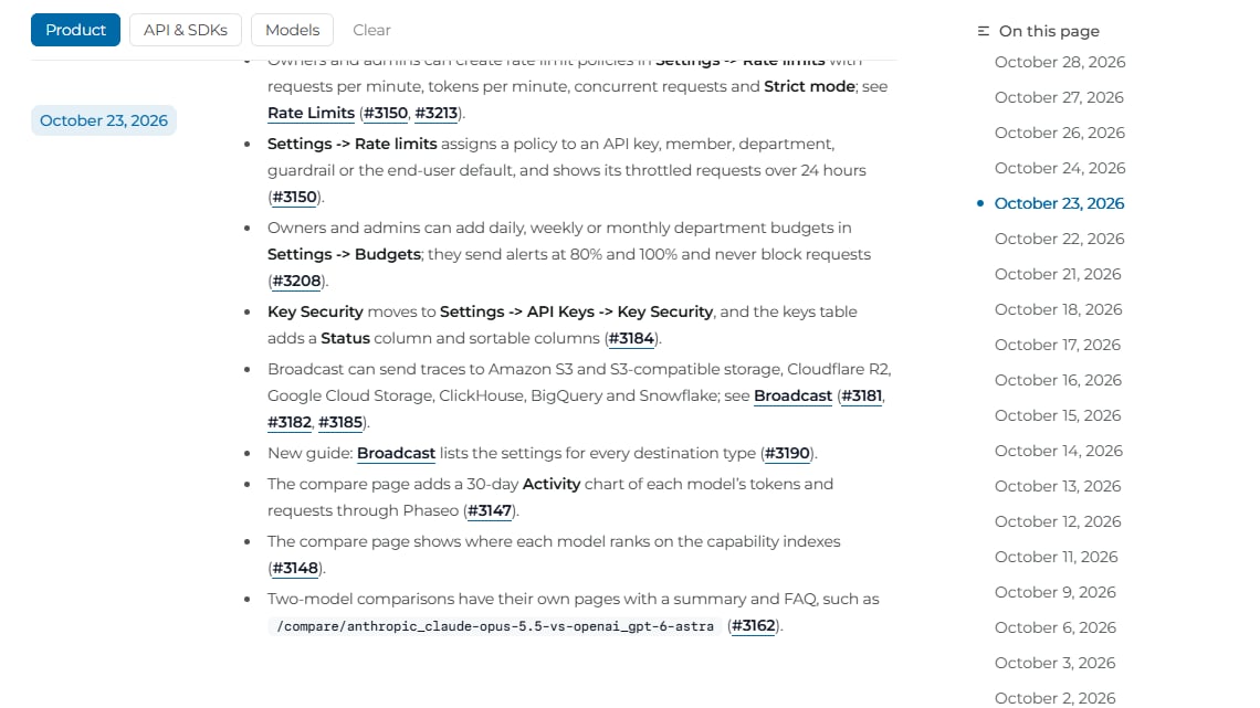 The changelog with the Product filter on and the date list beside it