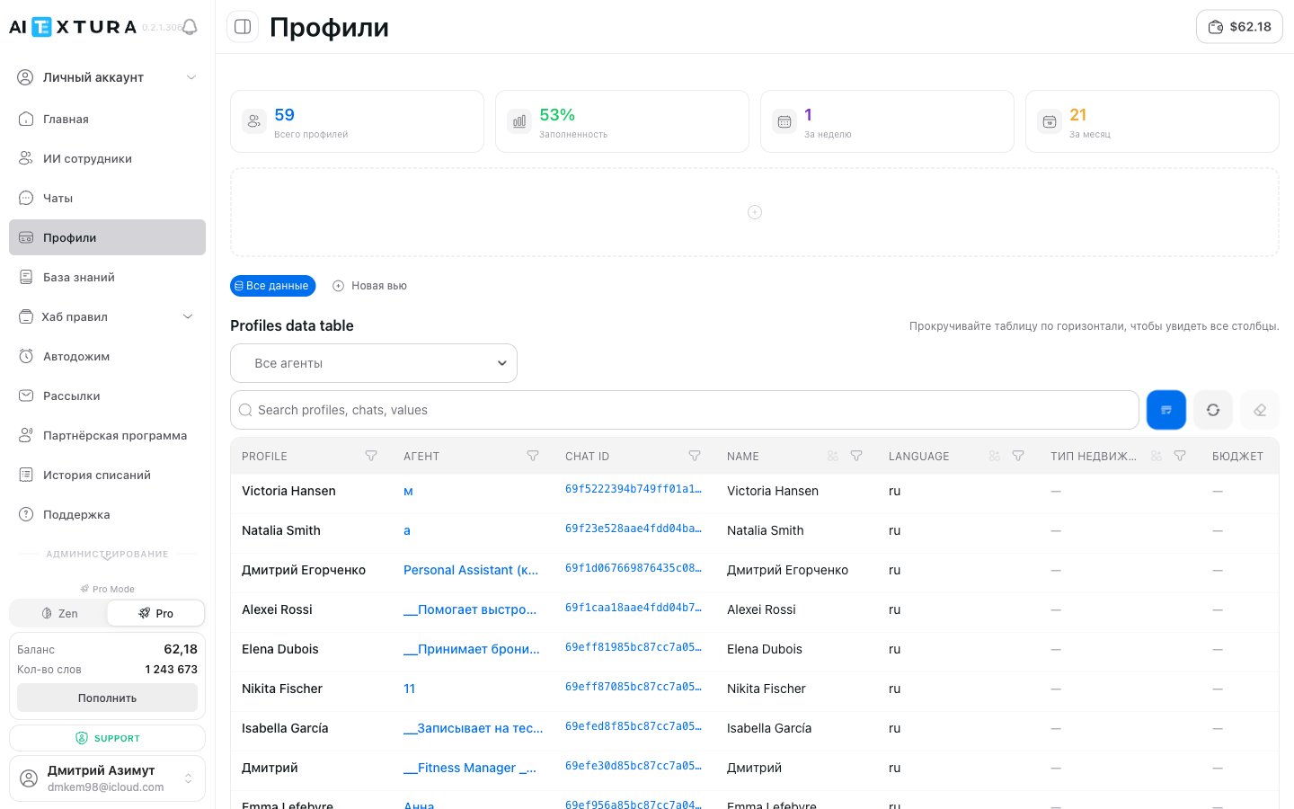 Detailed client profile view: all fields, history, jump to chat