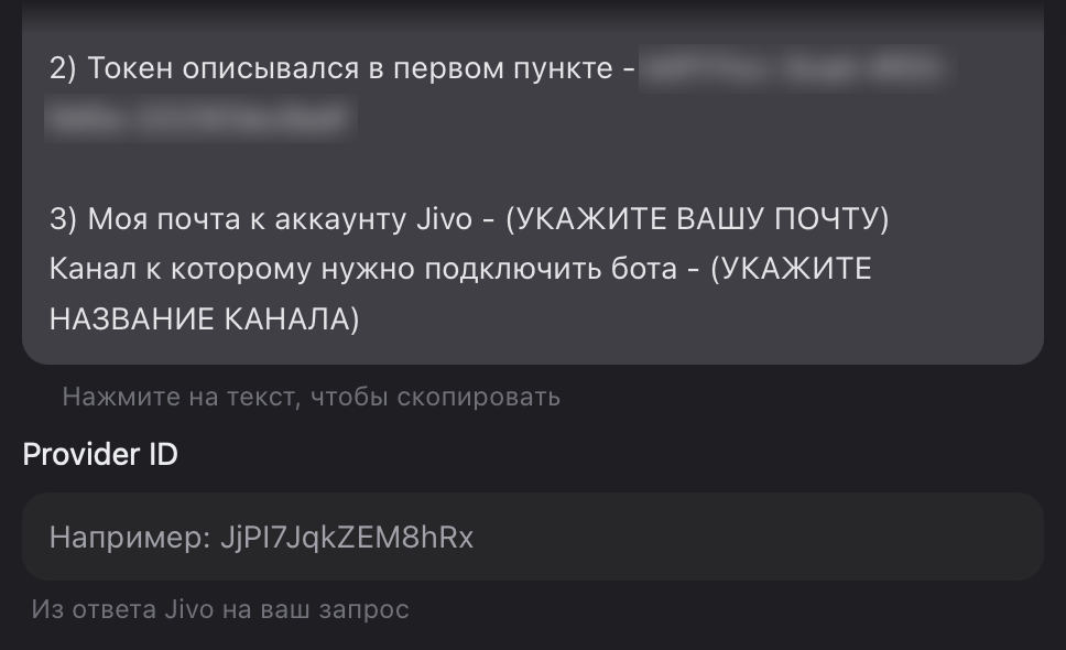 Конец письма для Jivo с местами для email и названия канала и поле Provider ID под ним