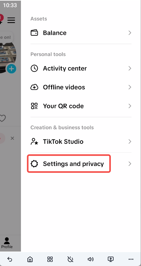 进入 TikTok 设置与隐私页面