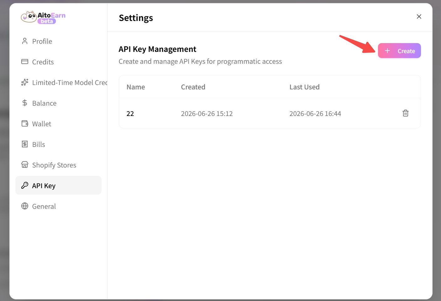 点击创建 API Key